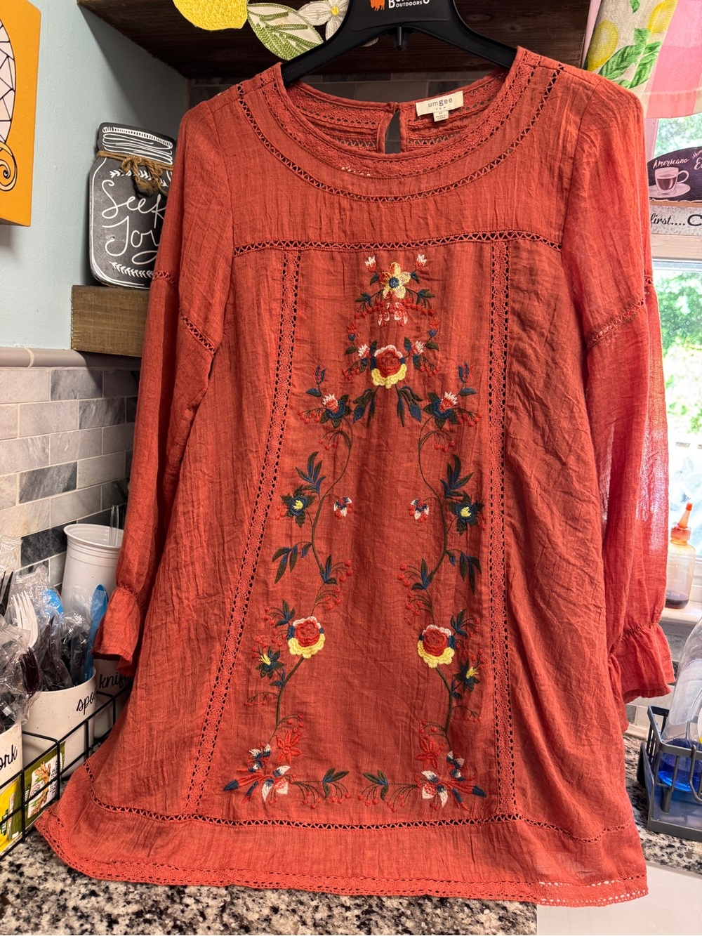 Umgee Rust Orange Floral Embroidered Mini Dress